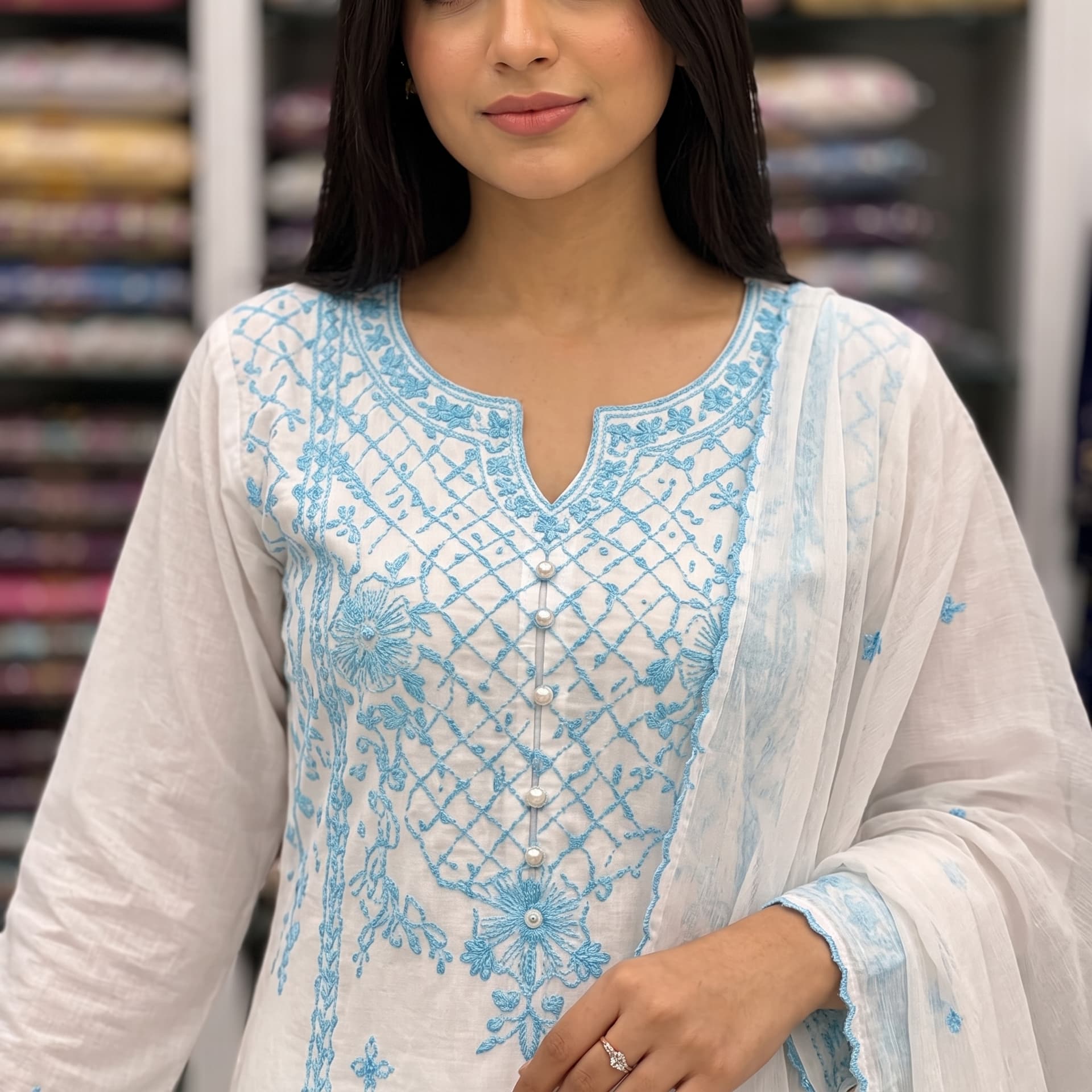 Women's White & Blue Cotton Straight Suit Set | Elegant Daily Wear | Pure Cotton Kurta Set — 1