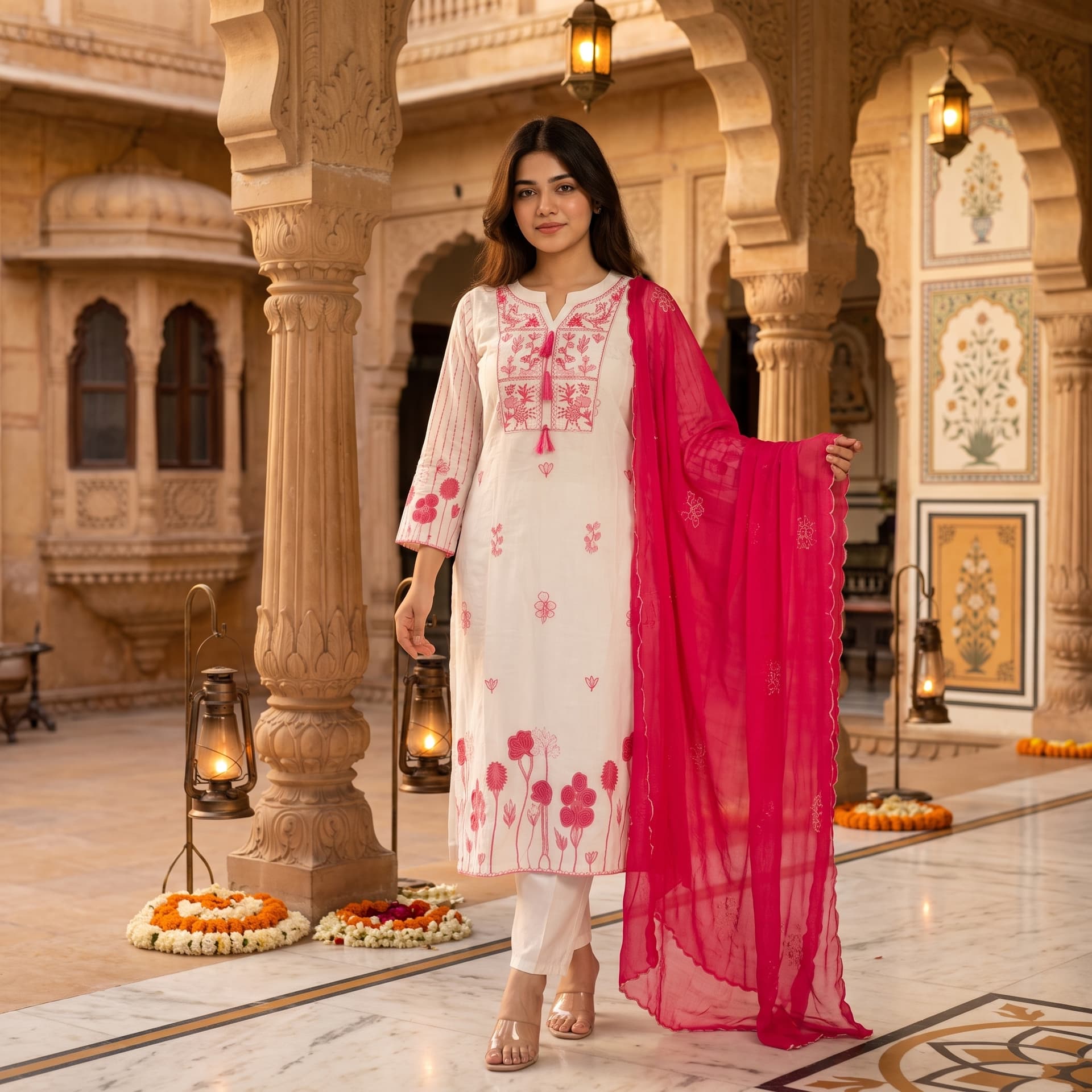 Women's White Floral Cotton Straight Suit Set | Elegant Cotton Kurta Set — 1
