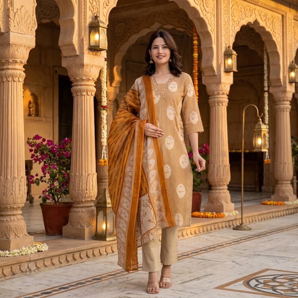 Women's Cotton Straight Kurta Set with Dupatta — 1
