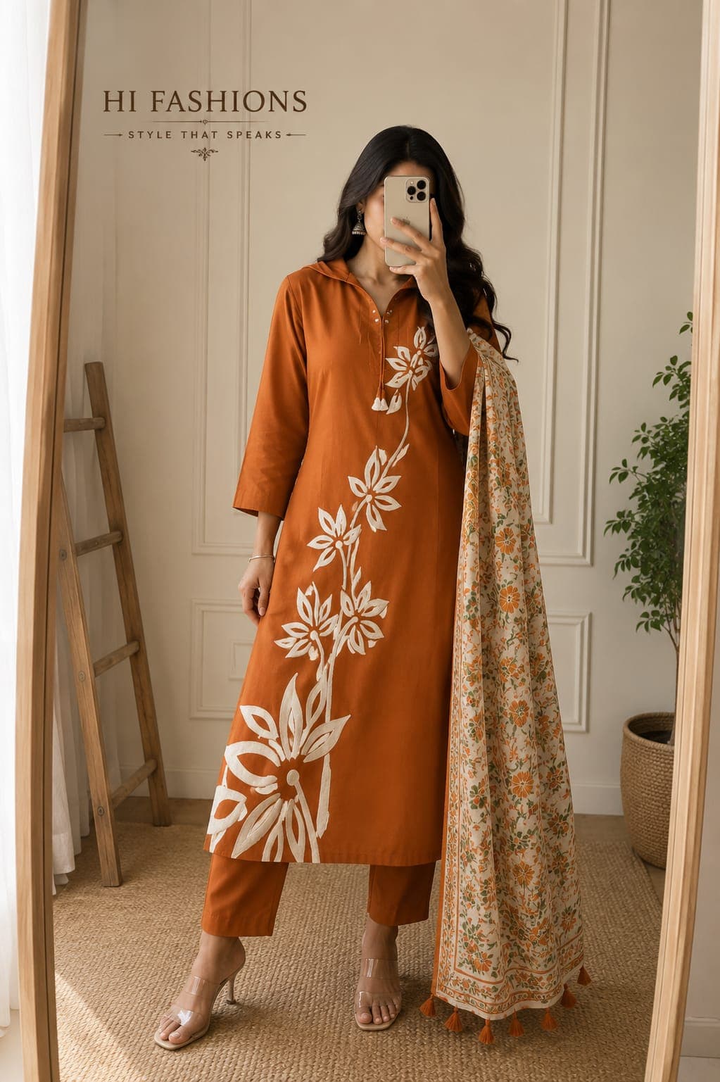 Women's Rust Orange Floral Printed Kurta Pant with Printed Dupatta | Cotton Blend Ethnic Suit Set | Festive & Casual Wear — 1