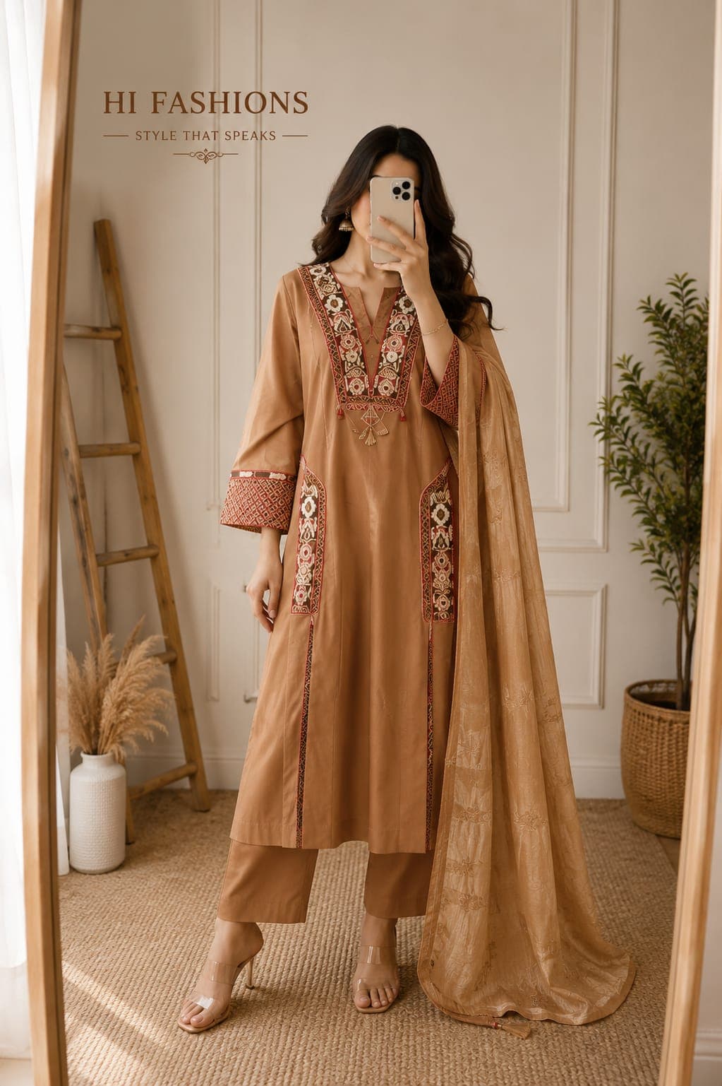 Women's Camel Brown Embroidered Kurta Pant with Dupatta Set | Traditional Cotton Blend Suit Set | Festive & Office Wear — 1